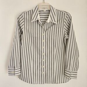 Coldwater Creek Top Womens Small 8 Gray White Striped Button Down Shirt Blouse